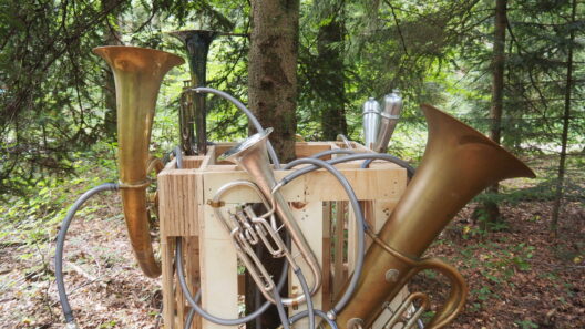 Ein Bild von mehreren Blechblasinstrumenten, welche in ein Holzkonstrukt verbaut wurden.
